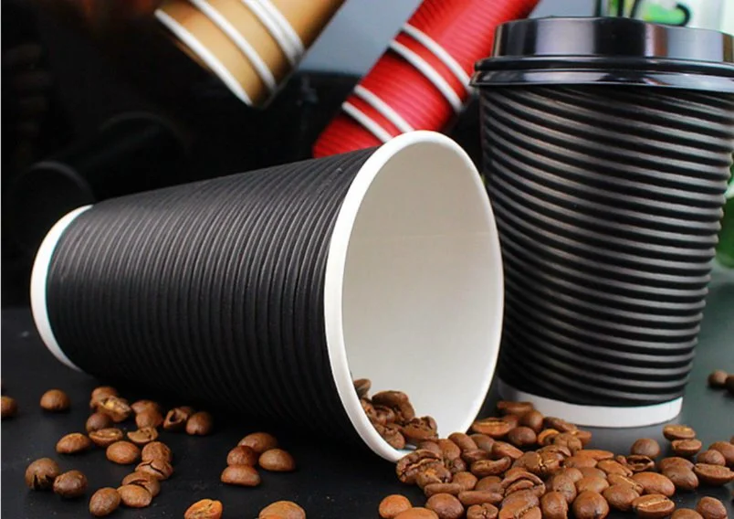 Black Disposable Ripple Double Wall Paper Cup for Hot Drinking