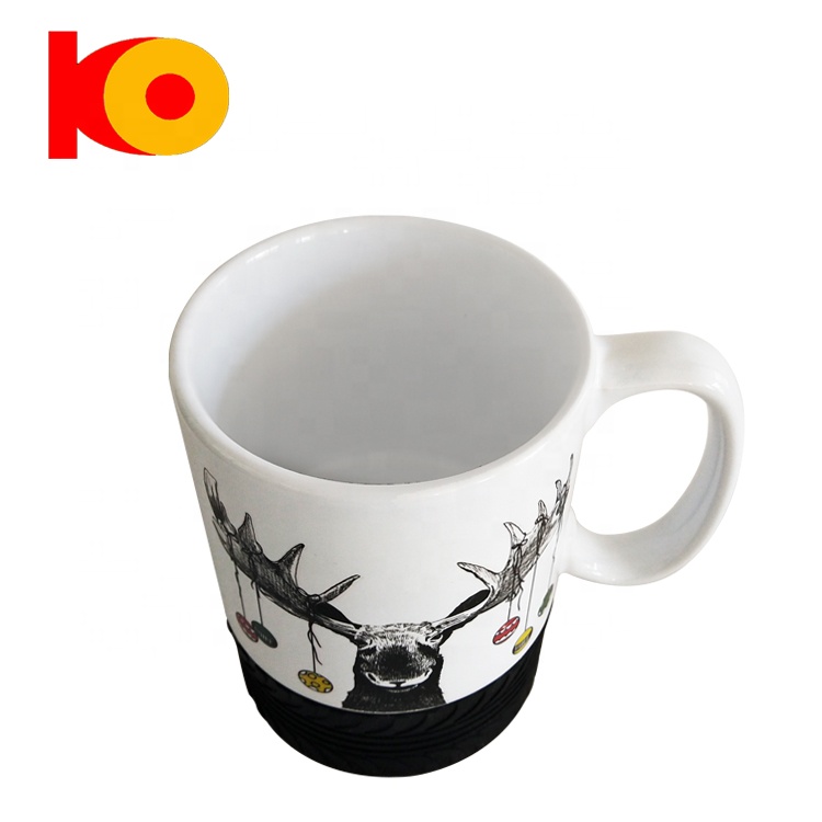 Hot sale black decal ceramic coffee mug with silicone bottom