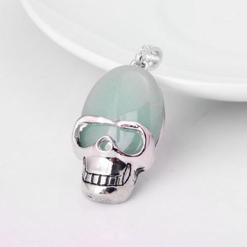 Green Aventurine Semi Precious stone Skull Alloy Pendant