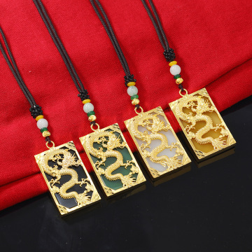 Vintage Gold Artificial Jade Necklace with Dragon and Phoenix Inlay for Wedding Gifts and Good Luck