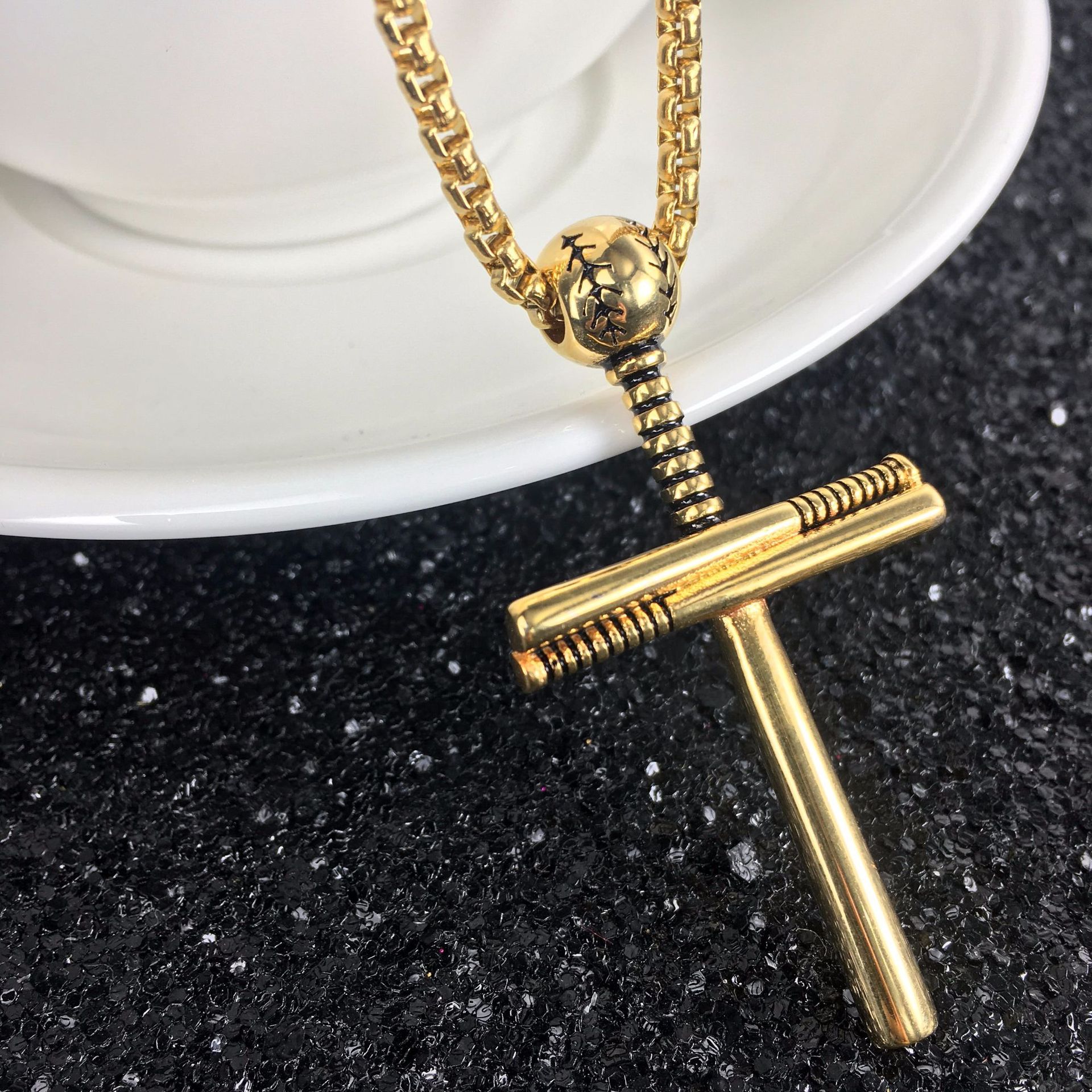 Baseball sports jewelry wholesale stainless steel baseball bat pendant shape religious cross pendant necklace custom