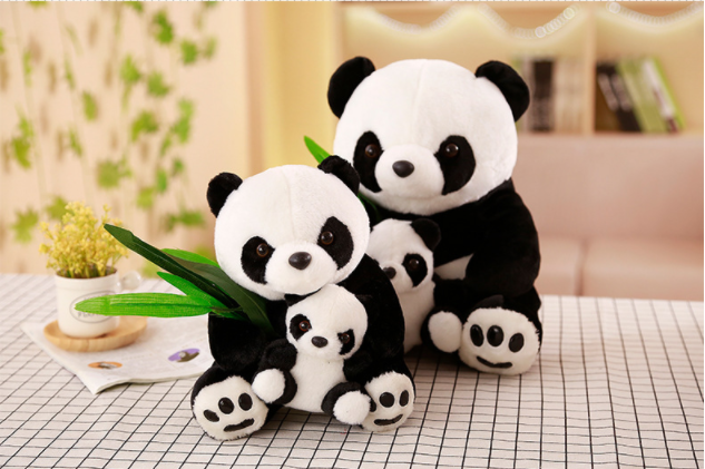 Mother and baby panda doll with Bamboo Leaves Plush Toys Soft Cartoon Animal Black and White Panda