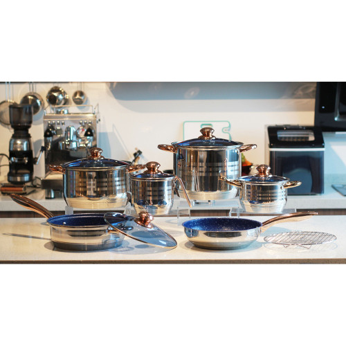 12 pieces blue transparent tampered lid cookware set