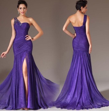 formal purple one shoulder beaded princess style evening dress