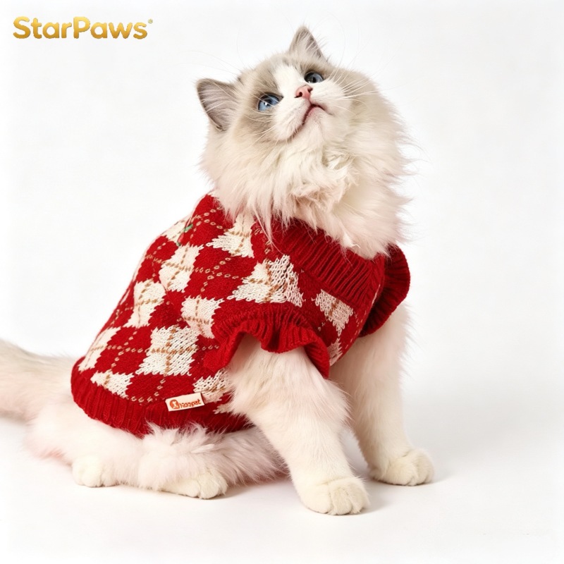 Red Knitted Cat Vest Winter Warm Pet Sweater