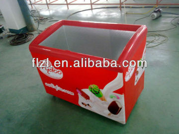 Curved glass door freezer with light box