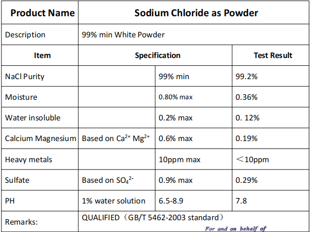 specification of Sodium Chloride powder