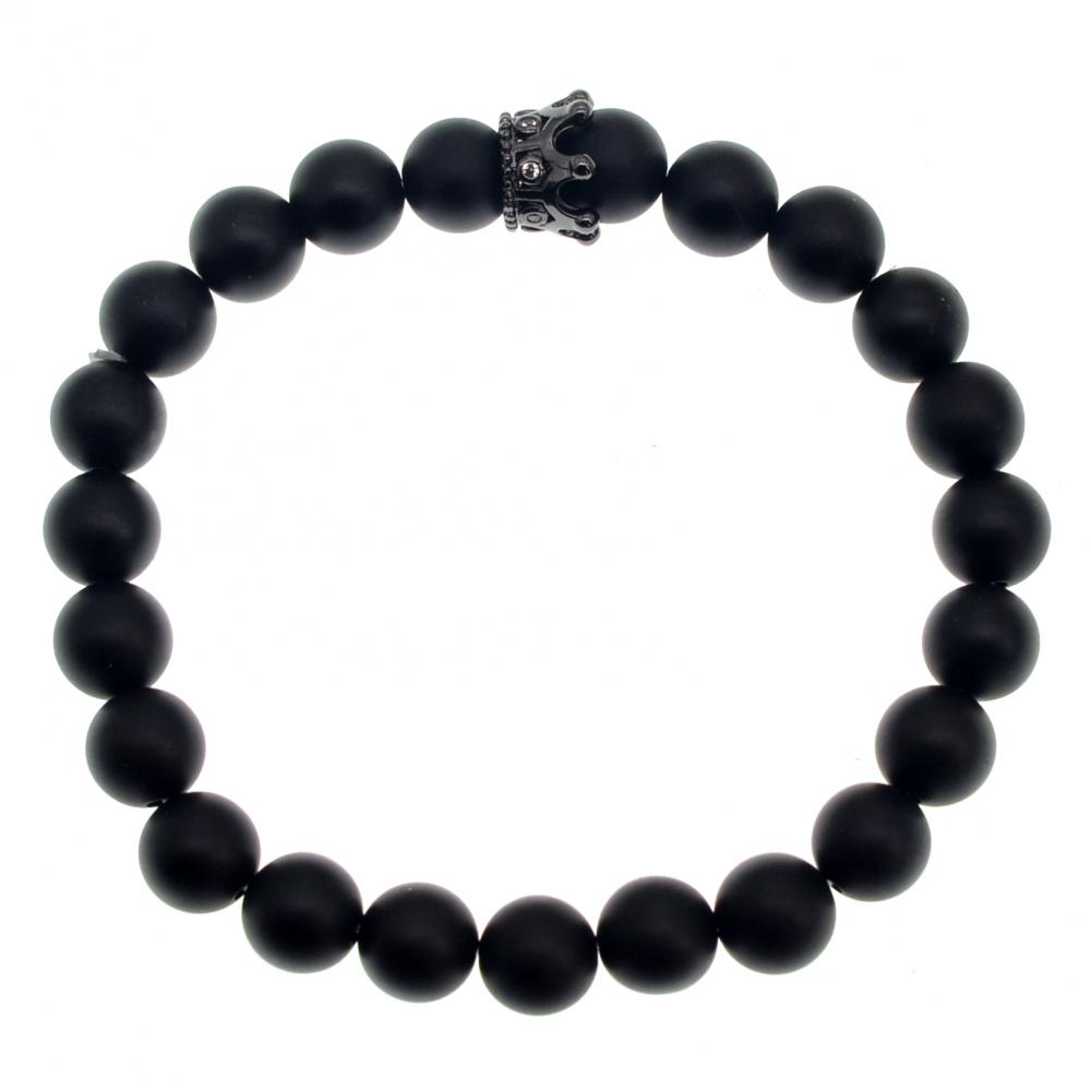 Bracelet Matte Agate Noir CZ Crown King Pour La Mode Homme