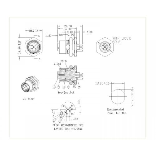 M12 3-5P Female Lock Front PG9 D-Code Shielded