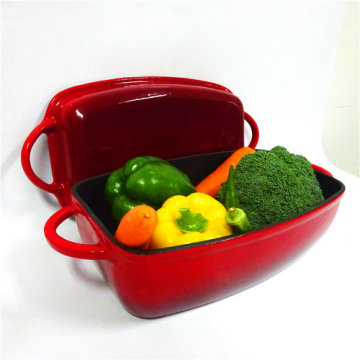 Red Enameled Rectangular Cast Iron Stewpot Saucepot