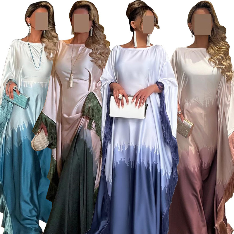 لباس عبایی با چاپ منگوله (2) Tassel Gradient Print Abaya Dress