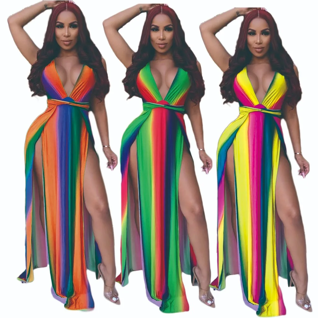 L51696 New Style Summer Casual V Neck Sleeveless Split Rainbow Print Striped Sexy Maxi Dress