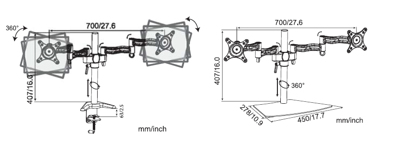 AVRD08 desktop arm monitor mount SIZE DRAWING