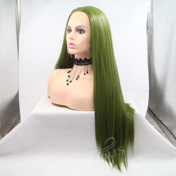 Vigorous mono long green premium high quality straight wholesale black women synthetic hair wigs with lace front
