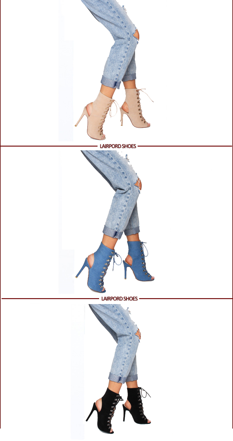 fish mouth jean fabric strappy booties sandals