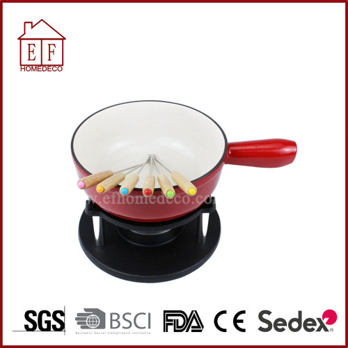 Red Enamel Cast Iron Fondue Set