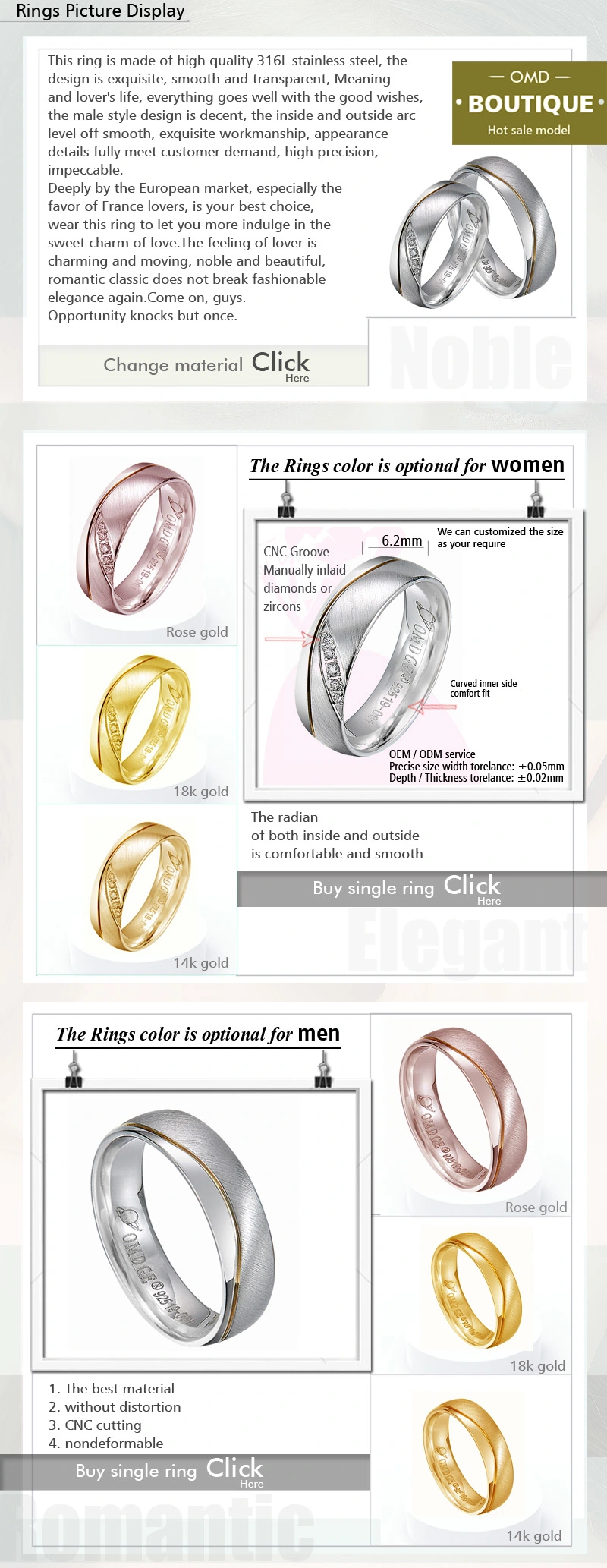 High Grade Gold Plated Engagement Wedding Rings for Male Female