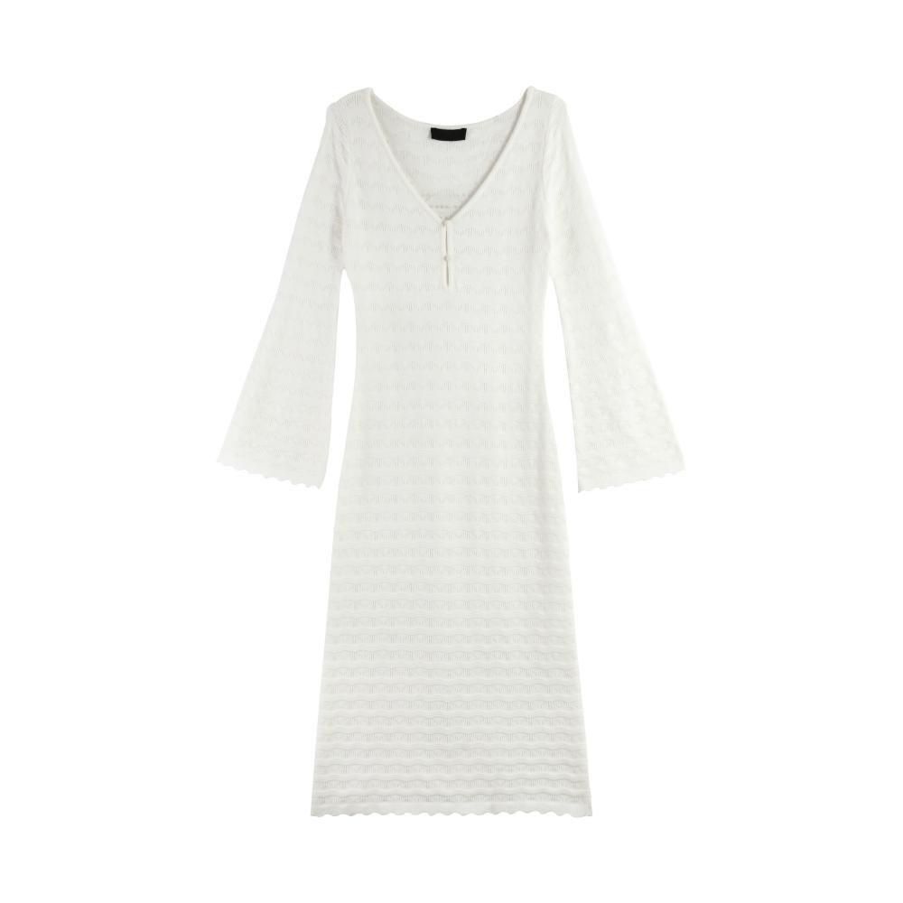 Flared-Sleeve V-neck Kint Dress