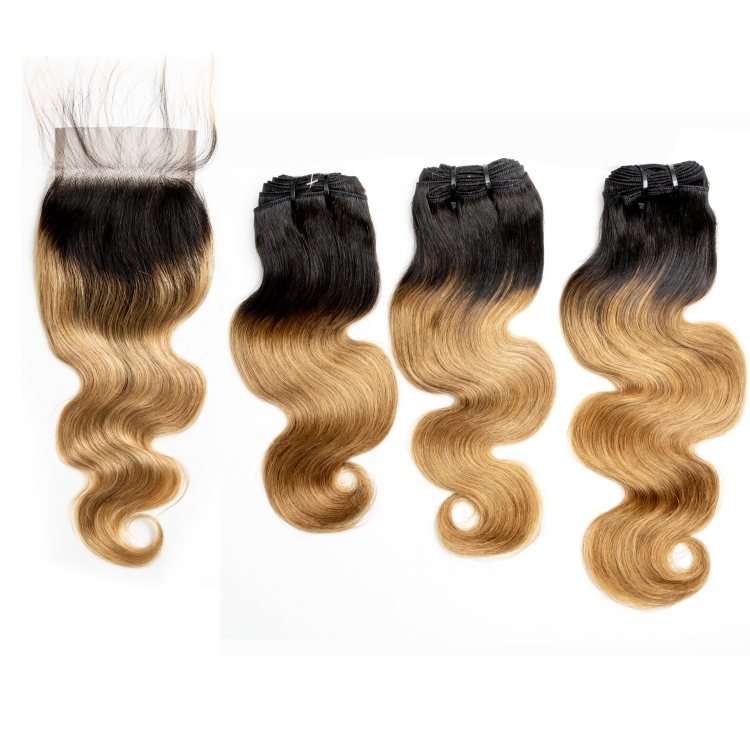 Brazilian Hair Bundles With Closure Body Wave Human Hair 3 Bundles With Closure T1b/27 Color 4x4 Lace Closure With Bundles