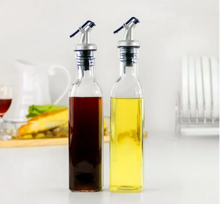 500ml Square Glass Olive Oil and Vinegar Dispenser Cruet Bottle for Sauce with Spout Leak Proof Caps