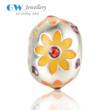 Orange Enamel Sunflower Beads Charms With Zircon Stone Inlaying 925 Silver Charms