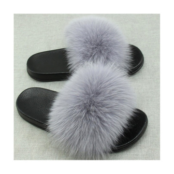 Ladies Flat Fur Slider Solid color fox fur slippers Plush sandals