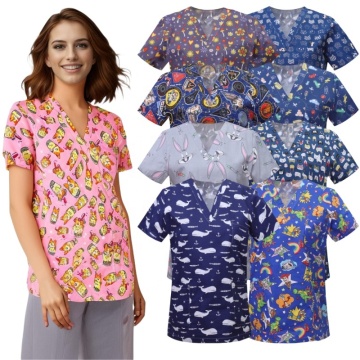 Lovely Floral Animal Printed Nursing Scrub Tops for Dentist Clinic Workwear