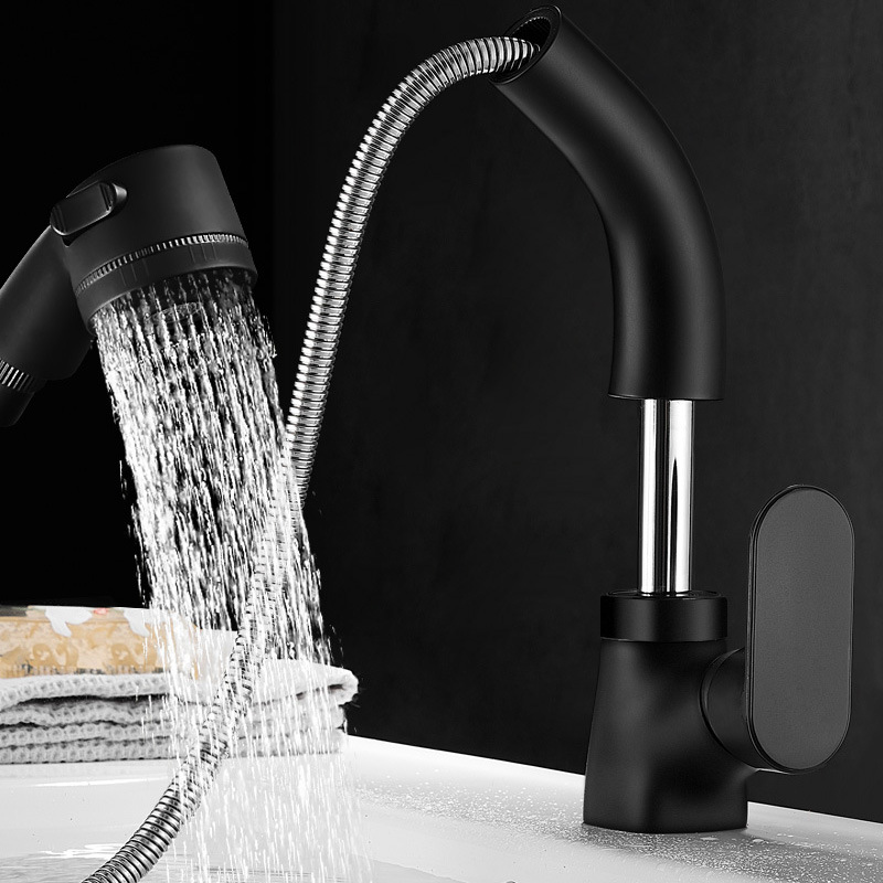 黒色の銅素材のシングルハンドルデッキマウントは、プルダウンスプレーバスルームの洗面器の蛇口で持ち上げます