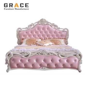 Discount Wooden Carved Leather Double Beds for Luxurious Bedrooms