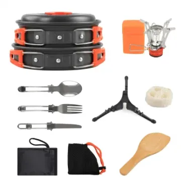 Outdoor Aluminum Camping Cookware Mess Kit with Backpacking Stove