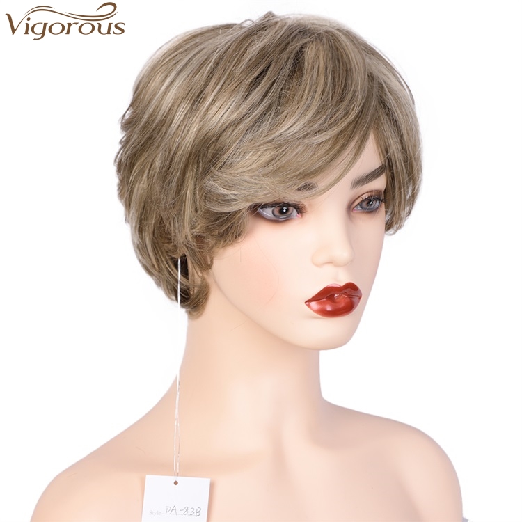 Vigorous Wholesale Price Cheap Short Pixie Cut Synthetic Hairstyles With Bangs Layered Fluffy Grey Mixed Brown Wigs For Women