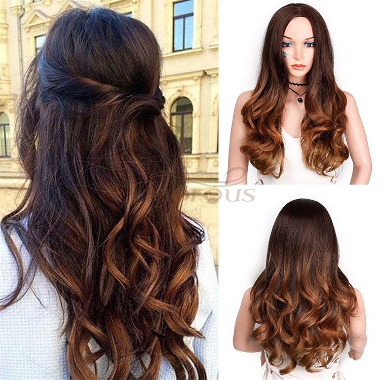 Vigorous Long Curly Wavy Dark Dark Blonde Wigs Middle Part Heat Resistant Glamorous Wig Synthetic Daily Party Women Wig