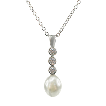 Silver Long Drop CZ Pearl Pendant