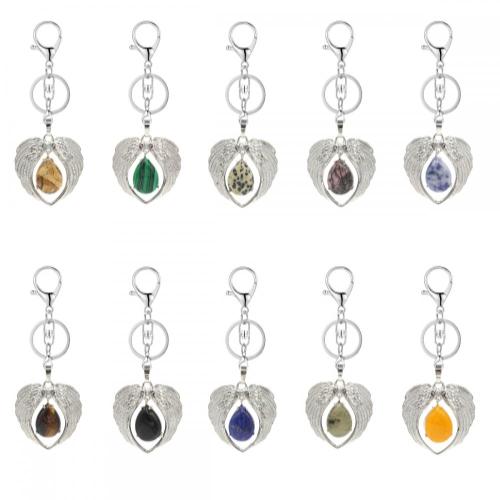 Gemstone Silver Alloy Wing Teardrop Keychain Gemstone Pendant Heart Shape Key Ring for Men Women Anniversary Gift