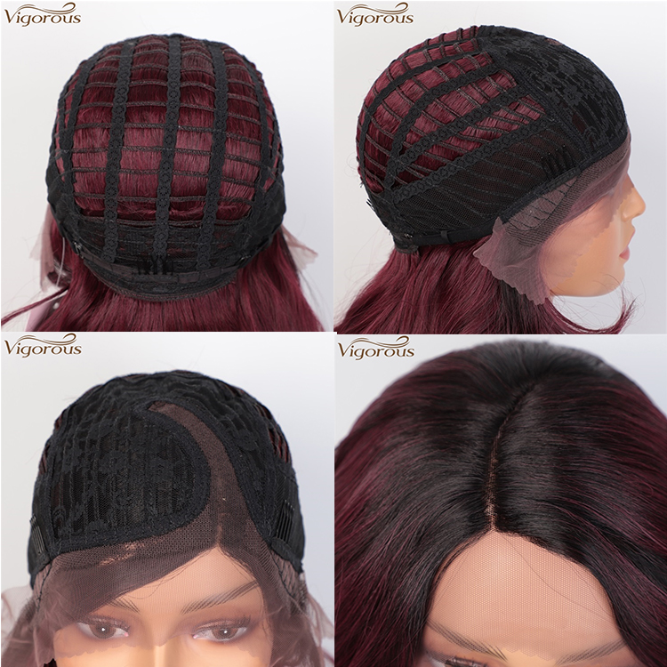 Vigorous Wholesale Lace Frontal Long Body Wavy Synthetic Wigs For Black Women Ombre Red Color High Temperature