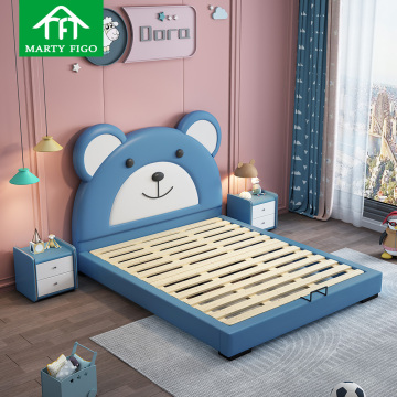 Custom King Size Beds with Storage: Cartoon Bear Fabric and Wood Kid Beds
