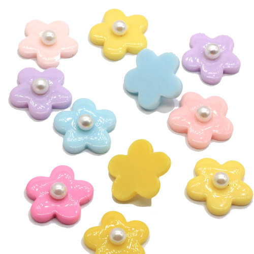 Colorful Pearl Five Petal Flower Resin Charms Flatback Flower Resin For Children Hairpin Rubber String Phone Shell Accessories