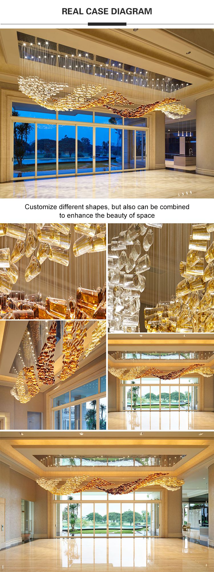 Energy saving fancy luxury commercial crystal glass big project chandelier