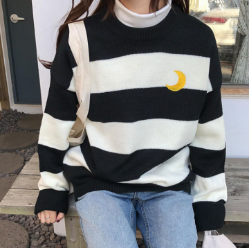 Women Knitted Kawaii Striped Moon Sweater