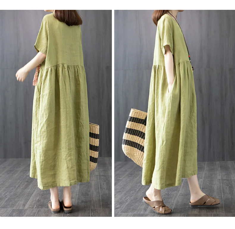 Cotton and Linen Summer Short-Sleeved Loose MID-Length Dress