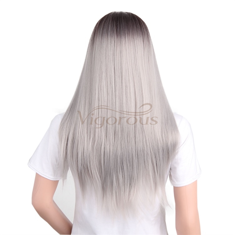 Vigorous Middle Part Straight Synthetic Wig Ombre Dark Root To Silver White Wig Heat Resistant Fiber Long Cosplay Wig For Women