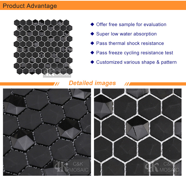 Black Shiny Hexagon Recycled Glass Solid Color Mosaic