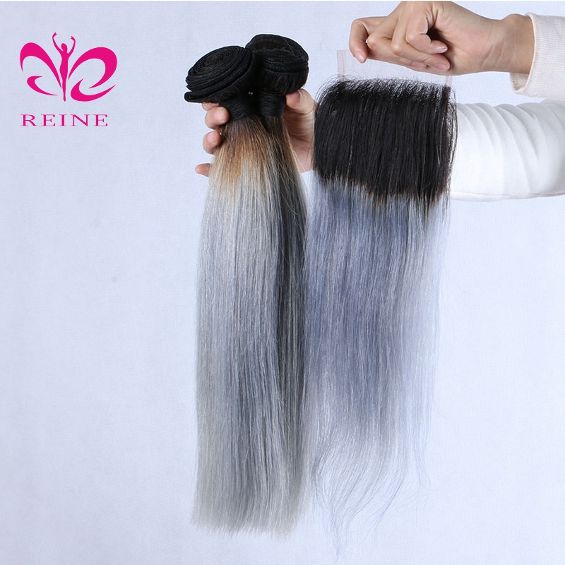 REINE manufacture grace omre two tone grey braid straight remi hair weave 100% chinese human hair bundles with closure