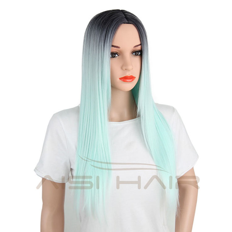 Aisi Hair Cosplay Long Straight Synthetic Wigs For Black Women Top Quality Ombre Green Color Wig Heat Resistant Fiber