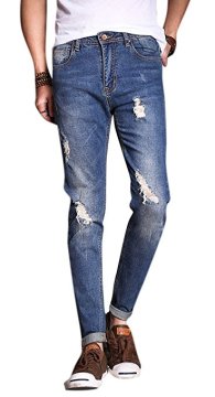 Men's Vintage Blue Ripped Destroyed Washed Trousers Jeans