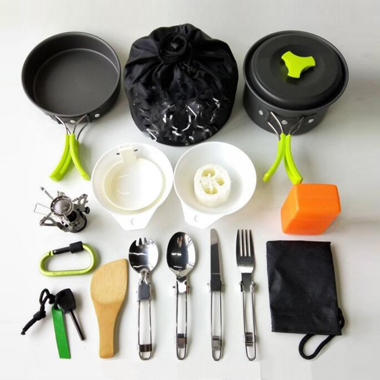 14 Piece Camping Cookware Pots and Pans Set Mess Kit Cooking Equipment Outdoors Cookset Hiking Bowl Fork Fire Starters Carabiner