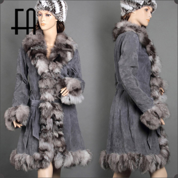 wholesale lady's pig suede overcoat with fox fur trim