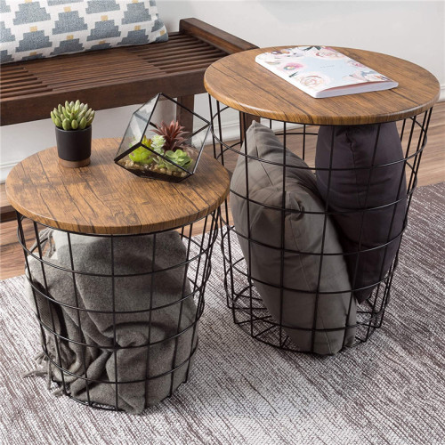 Round Metal Basket Wooden Coffee Table With Storage