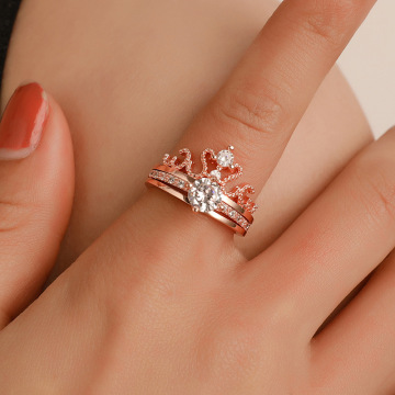 Rose Gold Plated CZ Crystal Finger Rings - Hot Selling Zircon Crown Rings (2pcs Set)