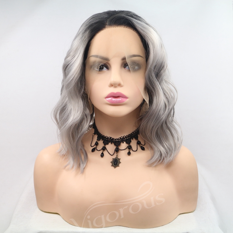 Vigorous ombre short bob premium high quality curly wholesale black women synthetic hair wigs with lace front